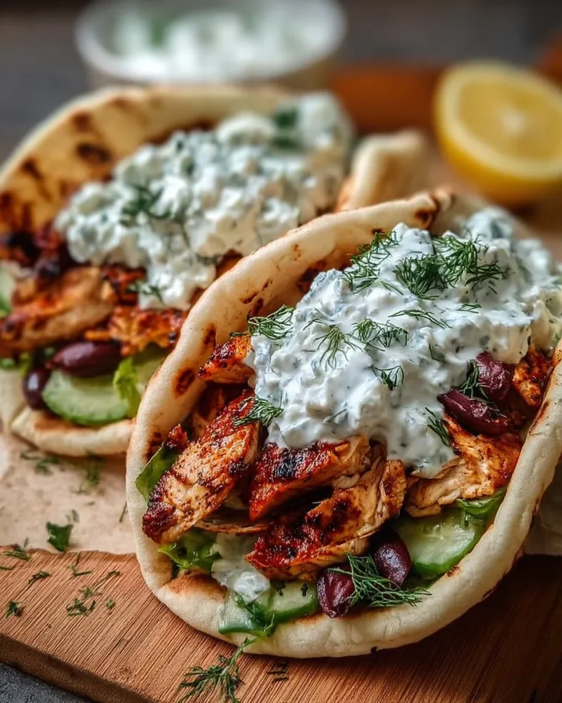 Chicken Gyros with Greek Feta Tzatziki served on a plate