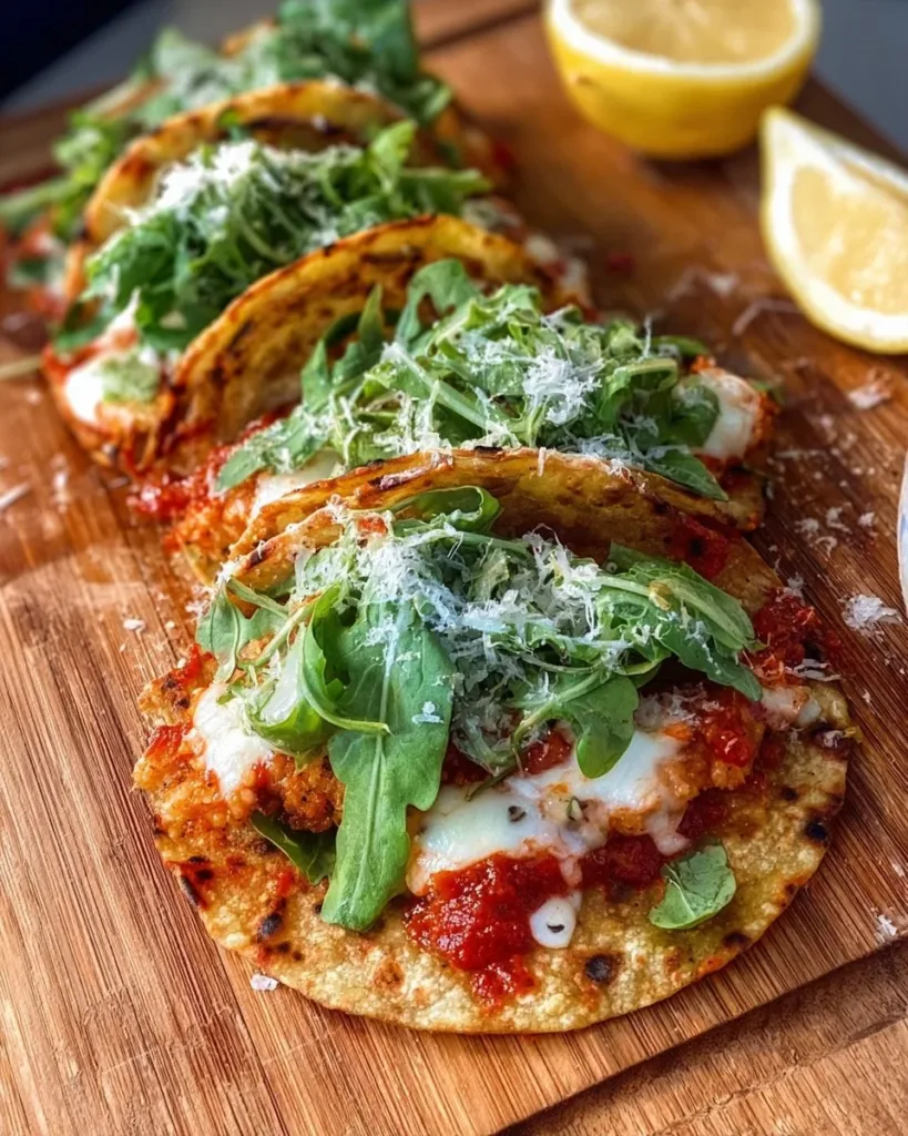 Delicious Chicken Parm Smashed Tacos topped with melted cheese and marinara sauce