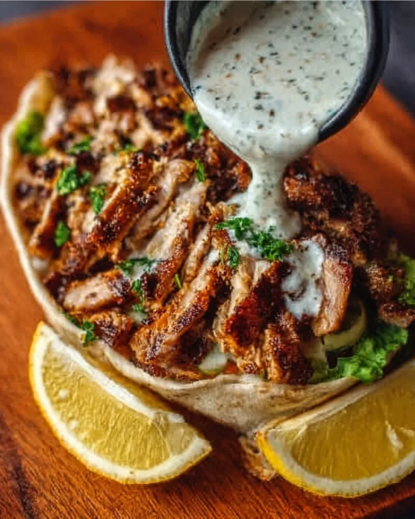 Delicious Chicken Shawarma served with creamy garlic sauce on a plate