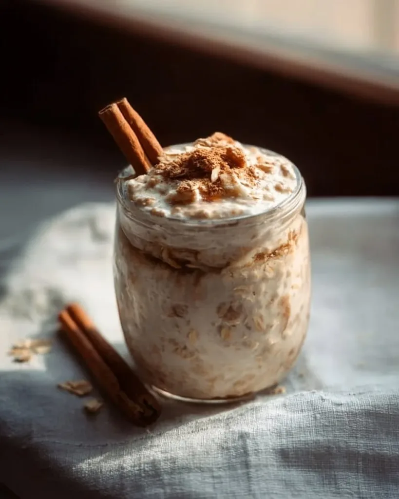 Bowl of cinnamon roll overnight oats with cinnamon and toppings