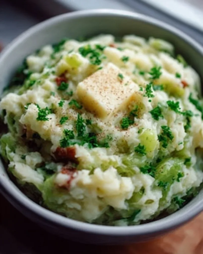 Bowl of traditional Irish Colcannon made with mashed potatoes and cabbage