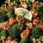 Plate of cowboy butter lemon chicken garnished with herbs and lemon slices.