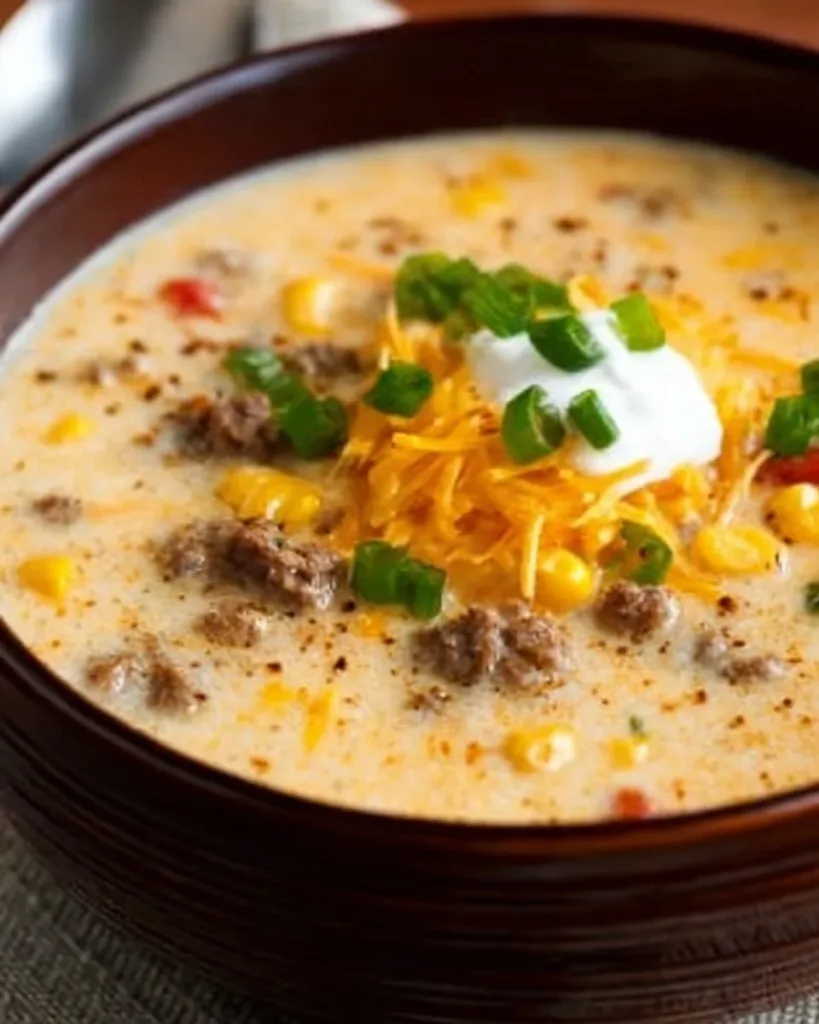 Delicious bowl of creamy Cowboy Soup garnished with herbs and cheese