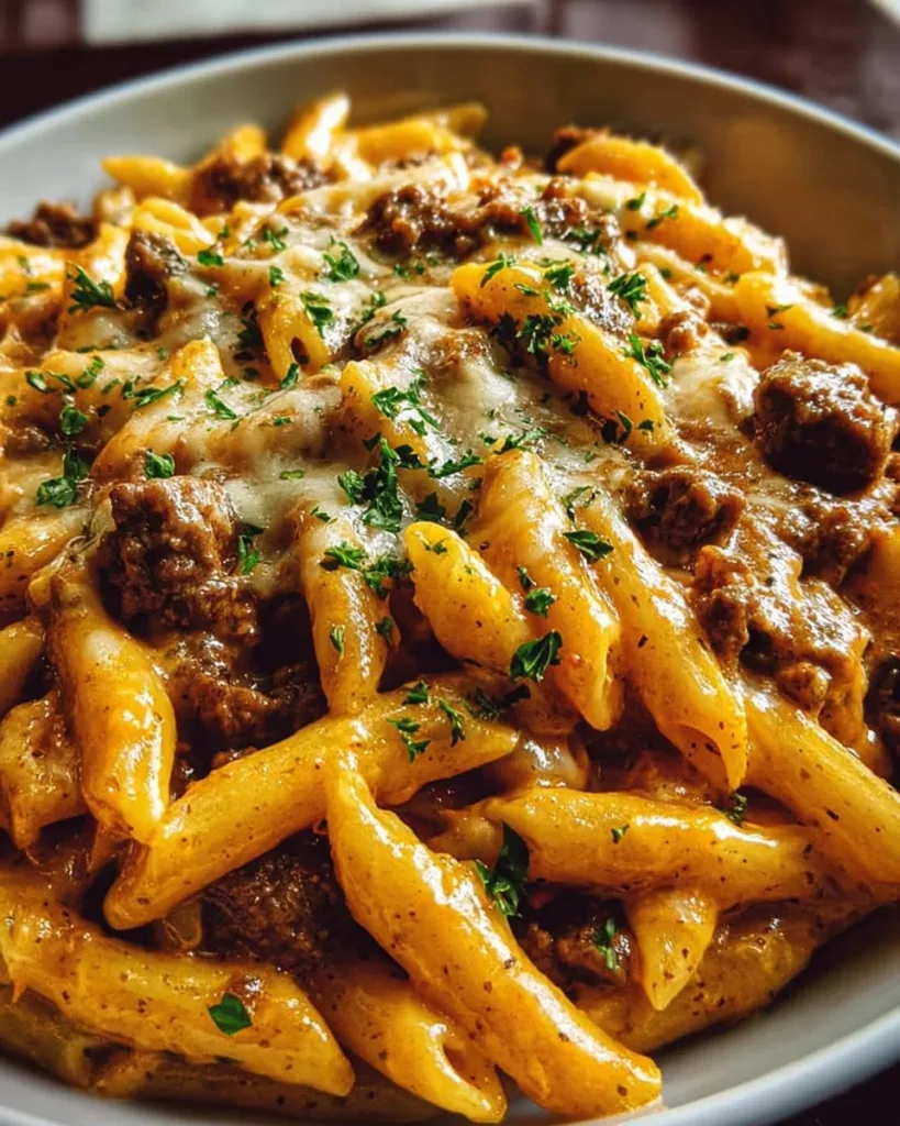 Creamy high protein beef pasta dish with herbs and creamy sauce