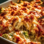 Creamy Low Carb Chicken Casserole served in a ceramic dish with fresh herbs