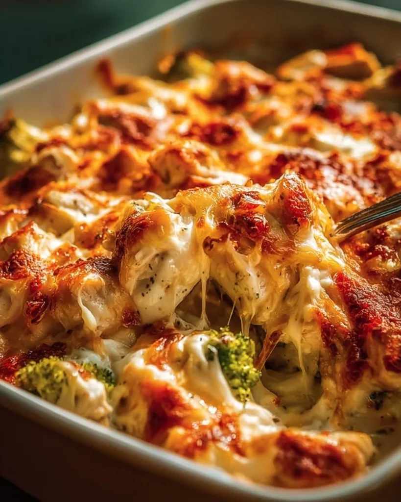 Creamy Low Carb Chicken Casserole served in a ceramic dish with fresh herbs