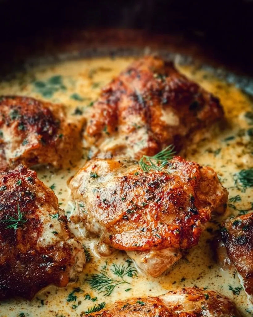 Creamy oven-baked chicken thighs with herbs and spices