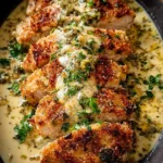 Creamy Parmesan Baked Caesar Chicken dish with golden crust and fresh herbs