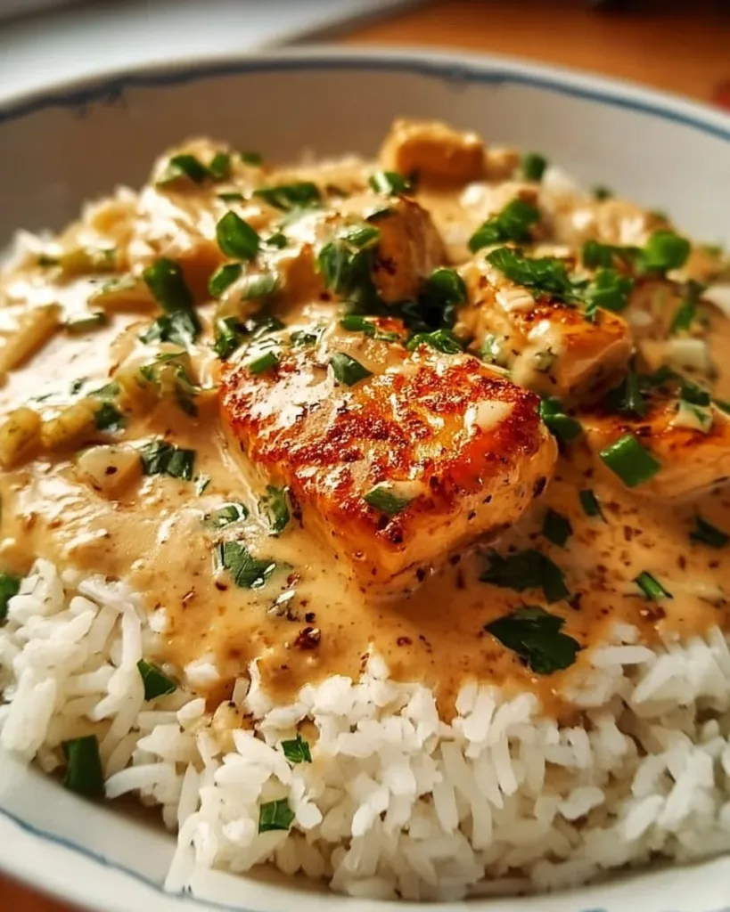 Creamy smothered chicken served over rice in a hearty dish