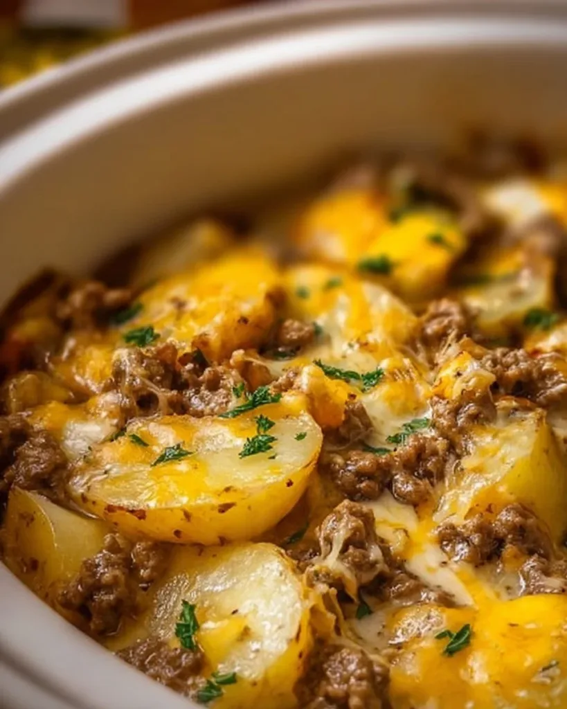 Crockpot Hamburger Potato Casserole in a serving dish