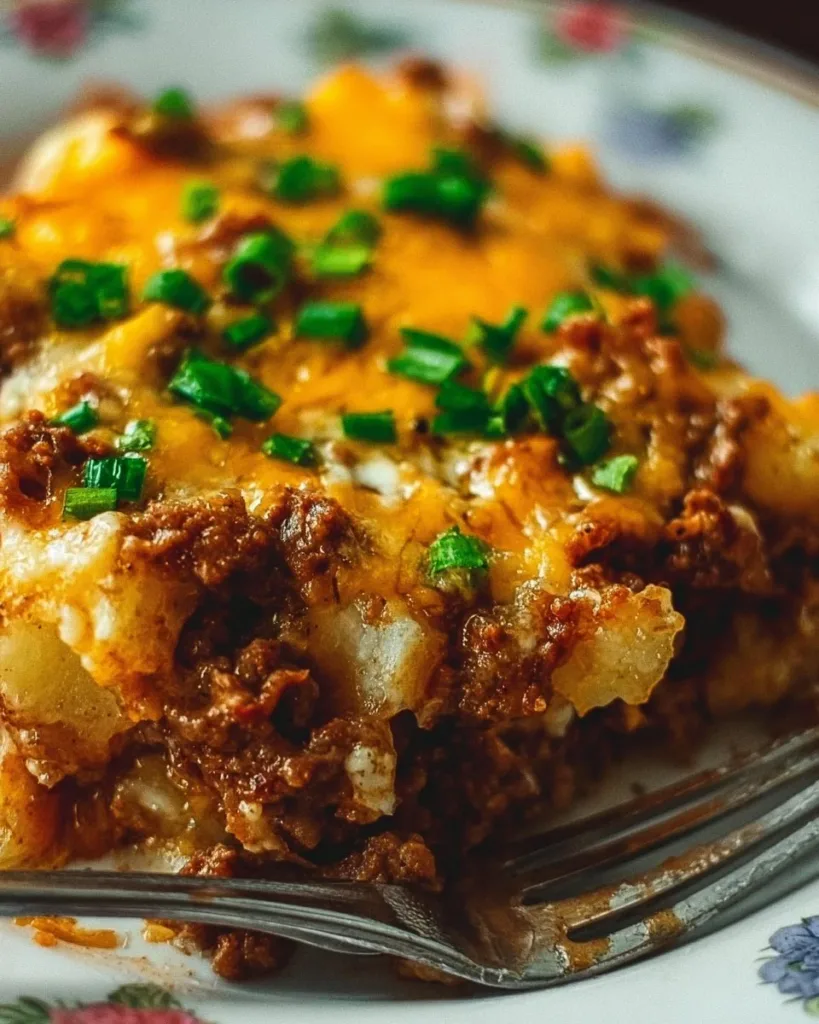 A hearty Hobo Casserole served in a baking dish, showcasing layers of ingredients.