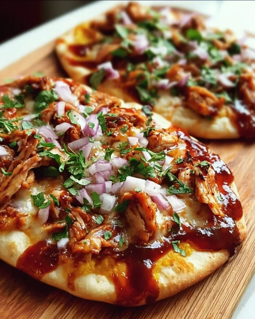 Easy BBQ chicken flatbread topped with fresh ingredients.