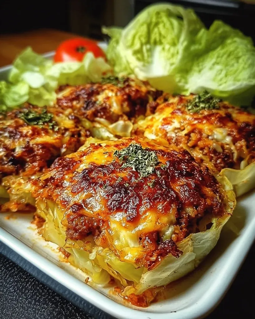 Crispy cabbage burger bake with fresh ingredients and golden crust