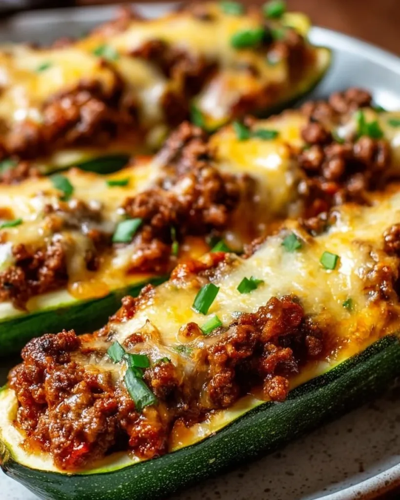 Easy ground beef zucchini boats topped with cheese and herbs