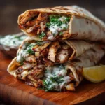 Delicious homemade chicken shawarma served with fresh vegetables and sauces