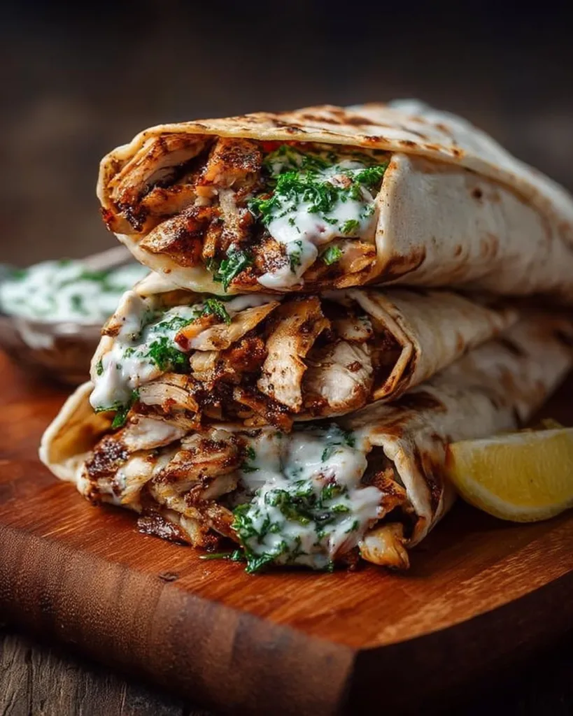 Delicious homemade chicken shawarma served with fresh vegetables and sauces
