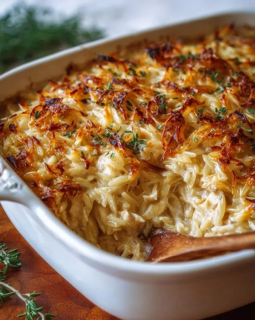 Delicious French Onion Chicken Orzo Casserole served in a baking dish.
