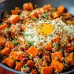 Ground Turkey Sweet Potato Hash served in a bowl with fresh herbs.