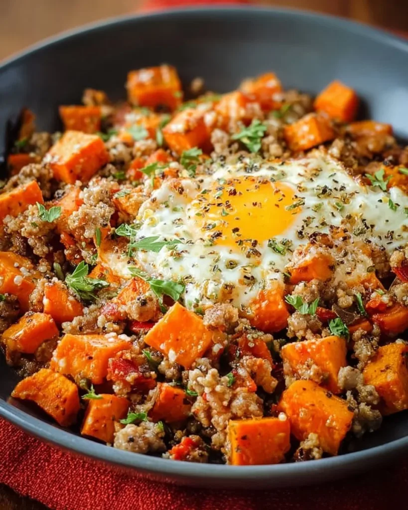 Ground Turkey Sweet Potato Hash served in a bowl with fresh herbs.