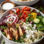 Delicious healthy Greek chicken bowl with vegetables and grains.
