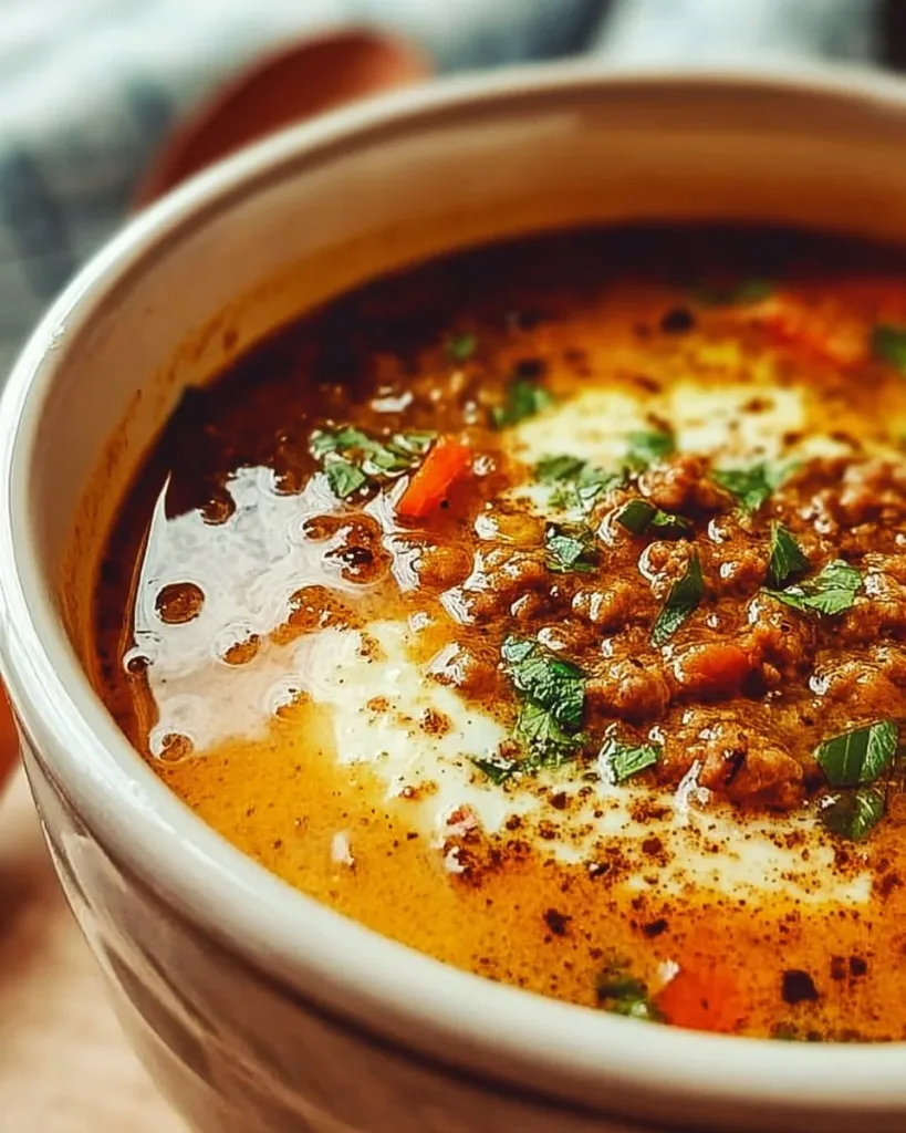 Bowl of hearty high protein soup filled with vegetables and protein-rich ingredients.
