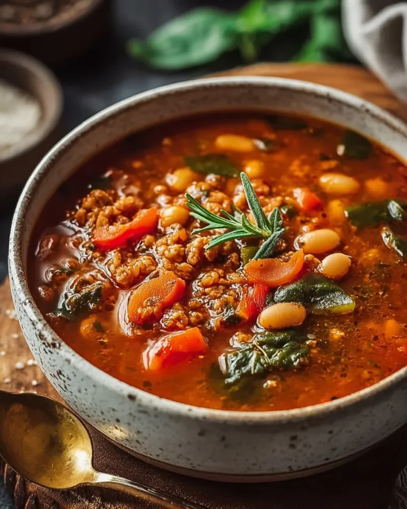 Bowl of hearty high protein soup filled with vegetables and legumes