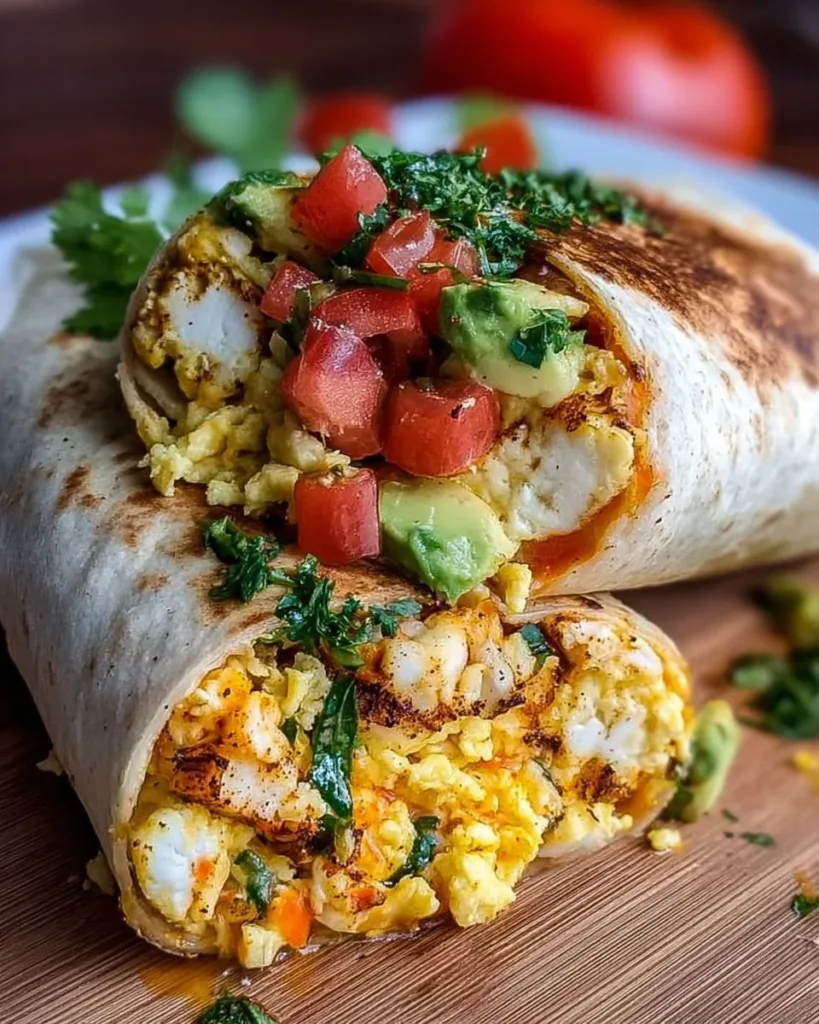 Healthy high protein breakfast burrito filled with eggs and veggies
