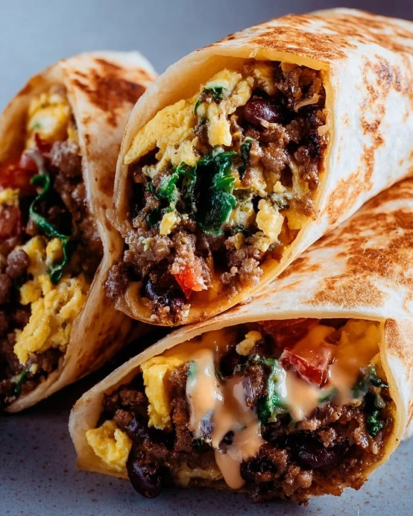 High protein breakfast burritos packed with eggs, beans, and veggies
