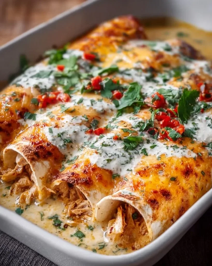 Delicious high protein chicken enchiladas topped with cheese and fresh avocado.