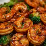 High-protein honey garlic shrimp dish with vibrant sauce and vegetables.
