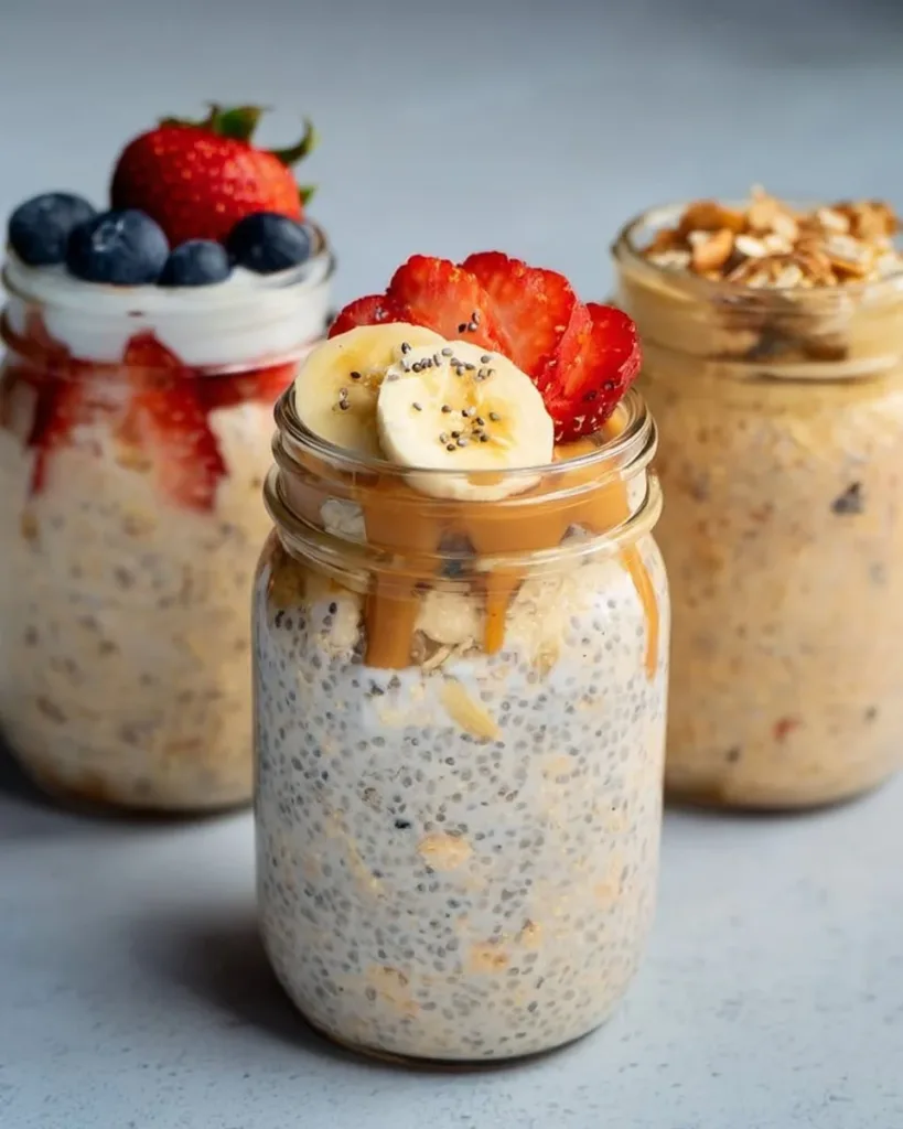 High-protein overnight oats in a jar topped with fresh fruits