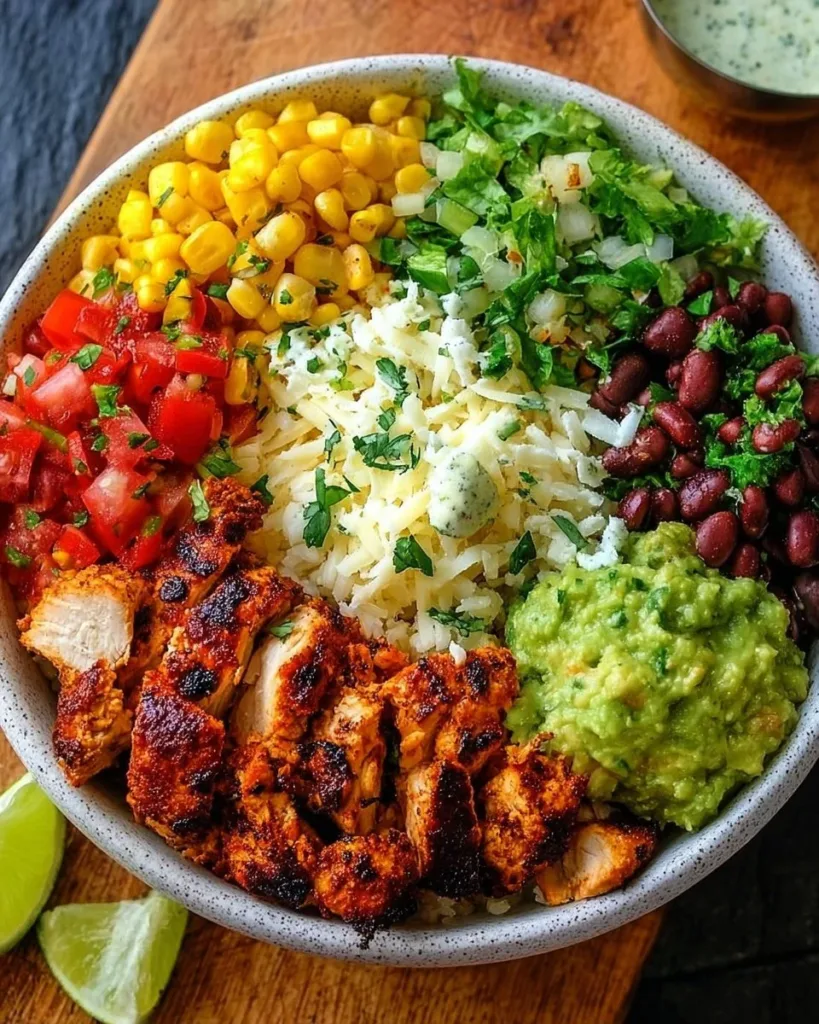 Delicious chipotle chicken bowl with vibrant toppings and spices