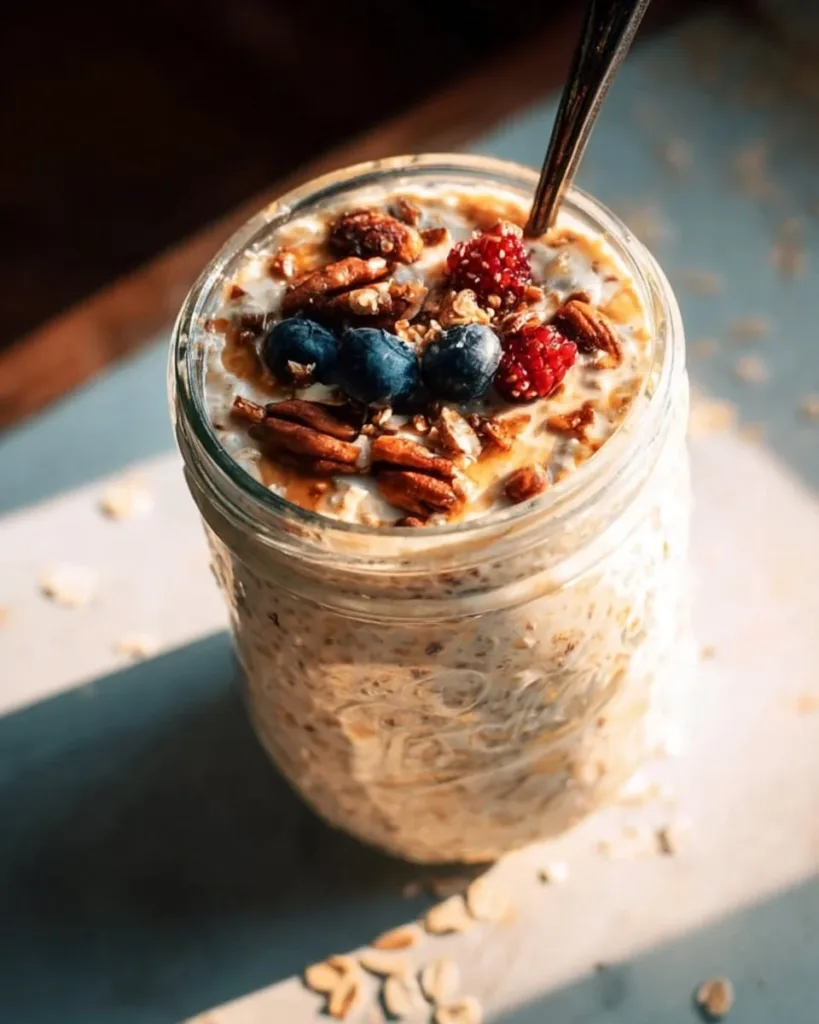 Bowl of colorful and delicious overnight oats topped with fruits and nuts