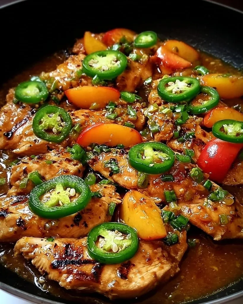 Delicious Jalapeño Peach Chicken garnished with fresh herbs