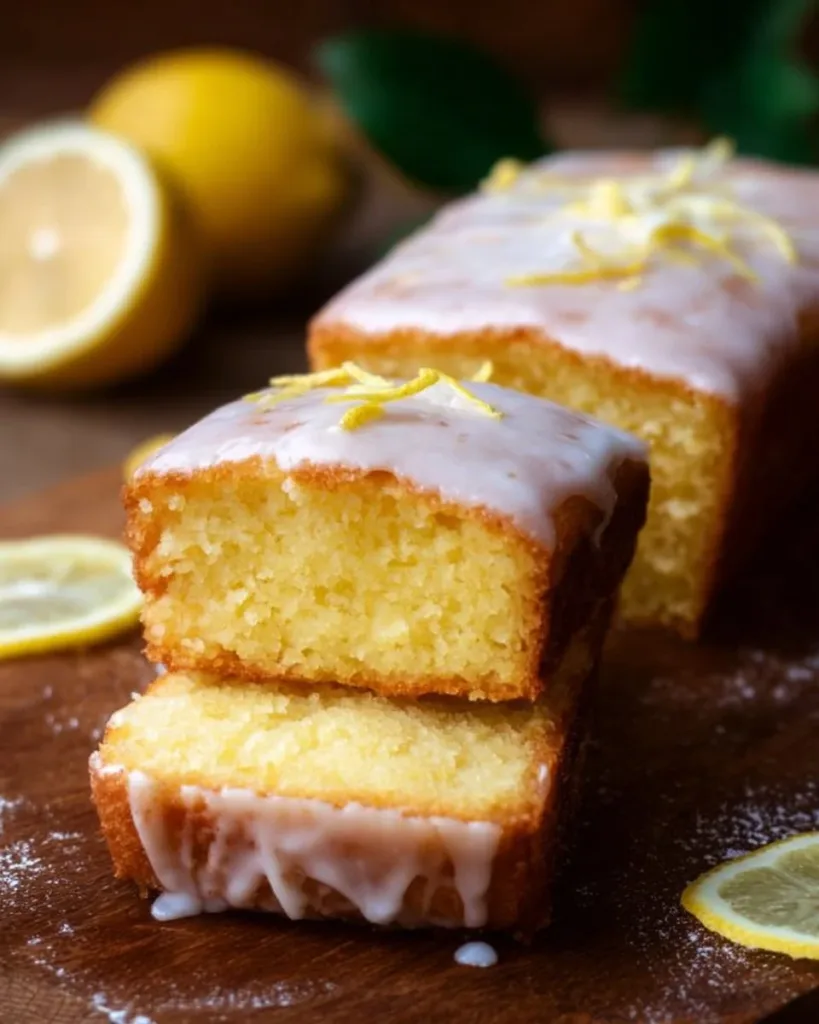 Delicious lemon cake slice with lemon zest decoration and fresh lemons.