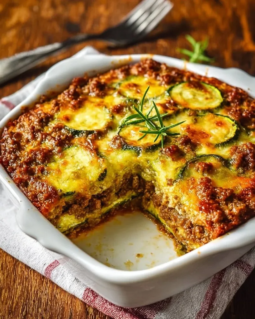 Low carb ground beef zucchini bake dish topped with cheese and herbs