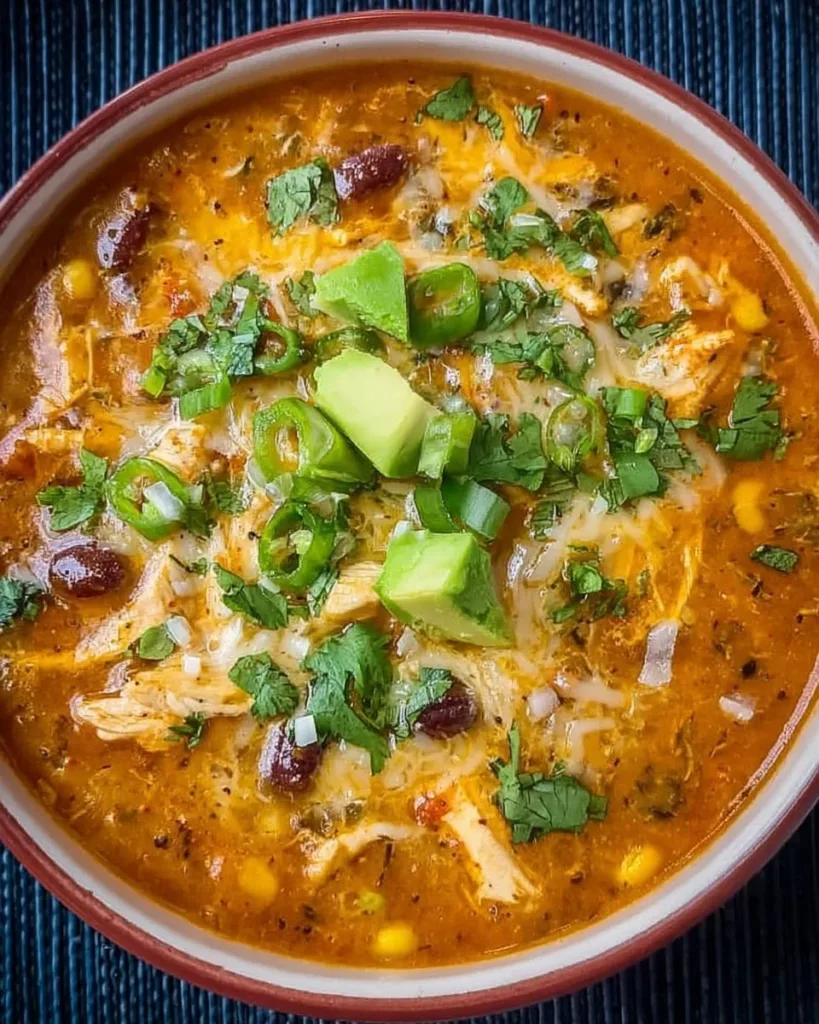 Bowl of low fat chicken enchilada soup topped with cilantro and cheese