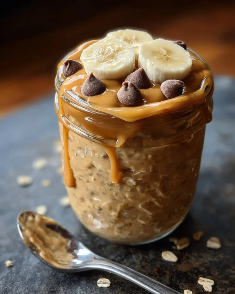 Delicious peanut butter overnight oats served in a bowl