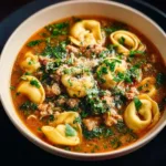 Delicious bowl of ground turkey tortellini soup with vibrant vegetables
