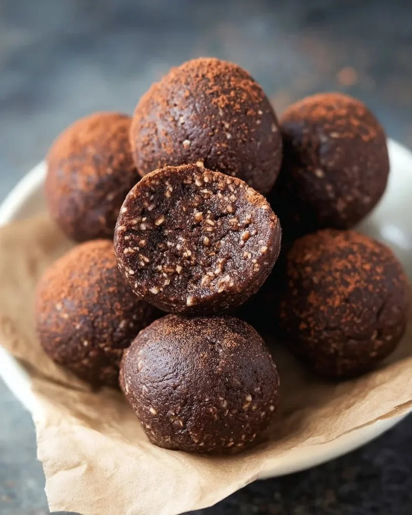 Delicious no bake brownie bites stacked on a white plate.