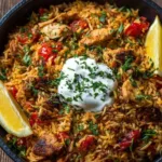 One Pot Chicken Shawarma Rice served with fresh vegetables and garnishes