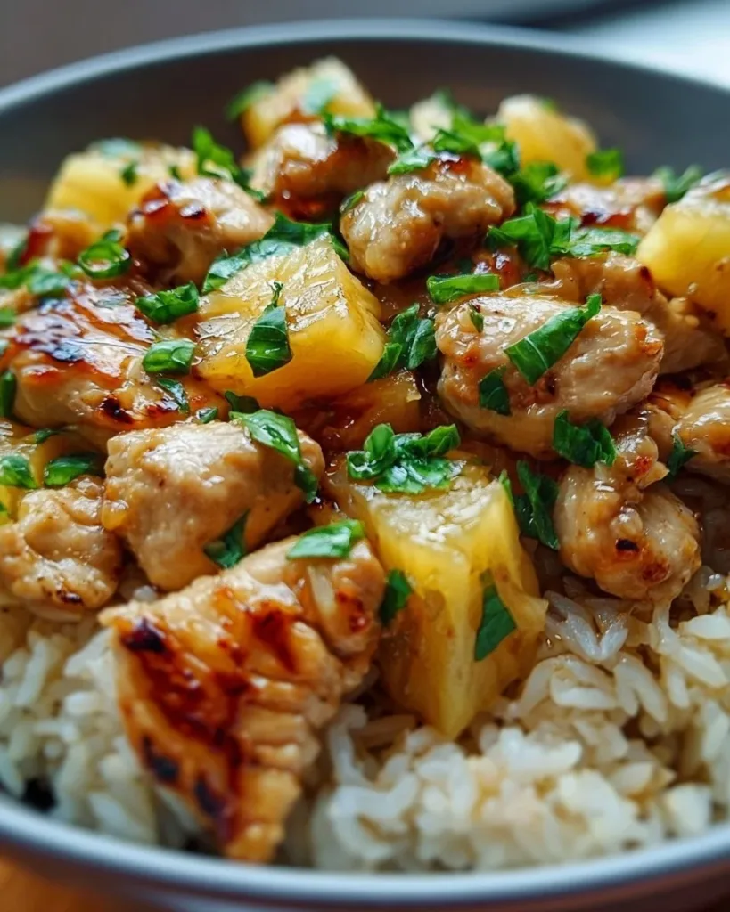 Delicious pineapple chicken served with rice on a plate