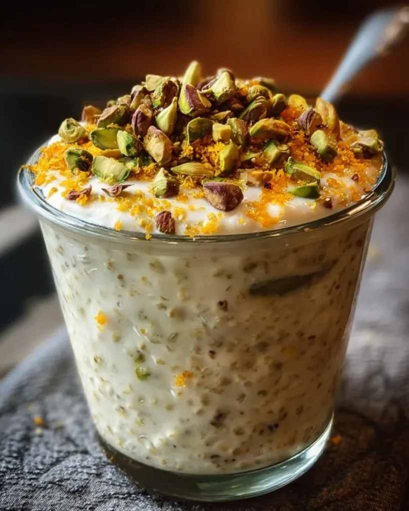 Pistachio Orange Blossom Overnight Oats in a bowl garnished with pistachios and orange slices