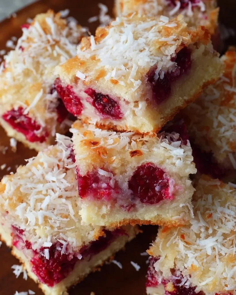 Freshly baked Raspberry Coconut Bars topped with coconut flakes.