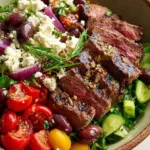 Ribeye Greek Salad with Steak showcasing fresh ingredients and grilled ribeye
