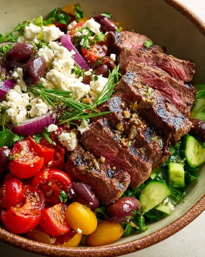 Ribeye Greek Salad with Steak showcasing fresh ingredients and grilled ribeye