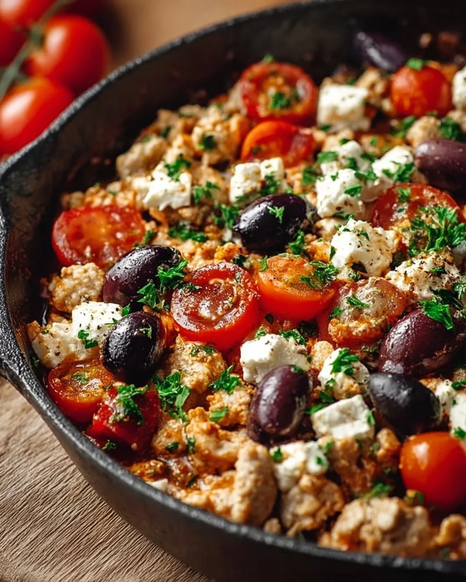 Mediterranean Keto Ground Chicken Skillet with Olives and Feta