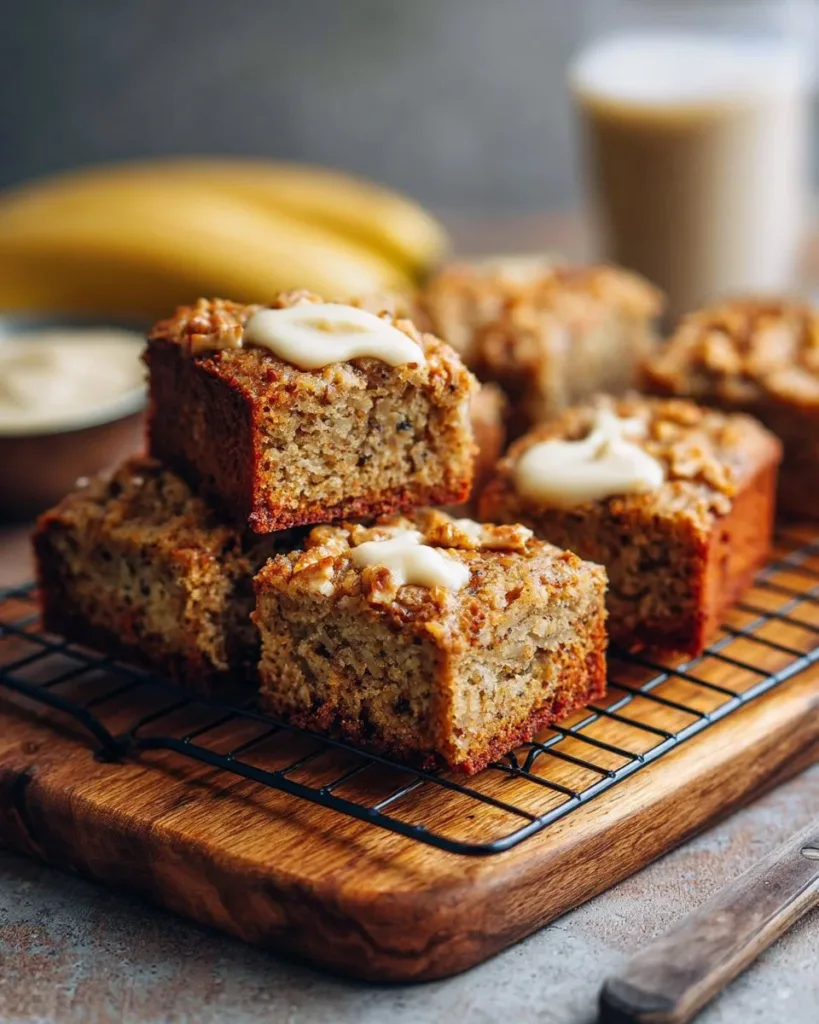 Delicious homemade simple banana bread bars on a wooden table