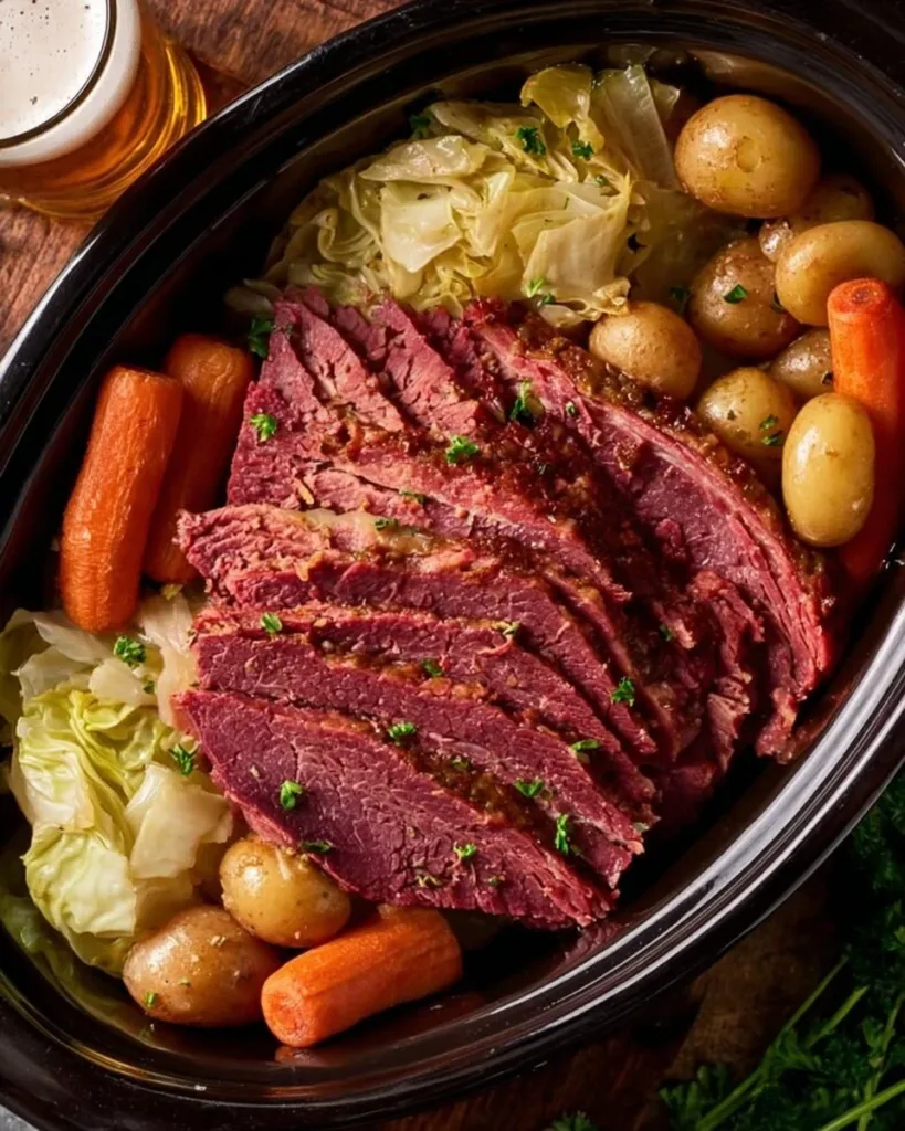 Slow cooker corned beef and cabbage dish served on a plate