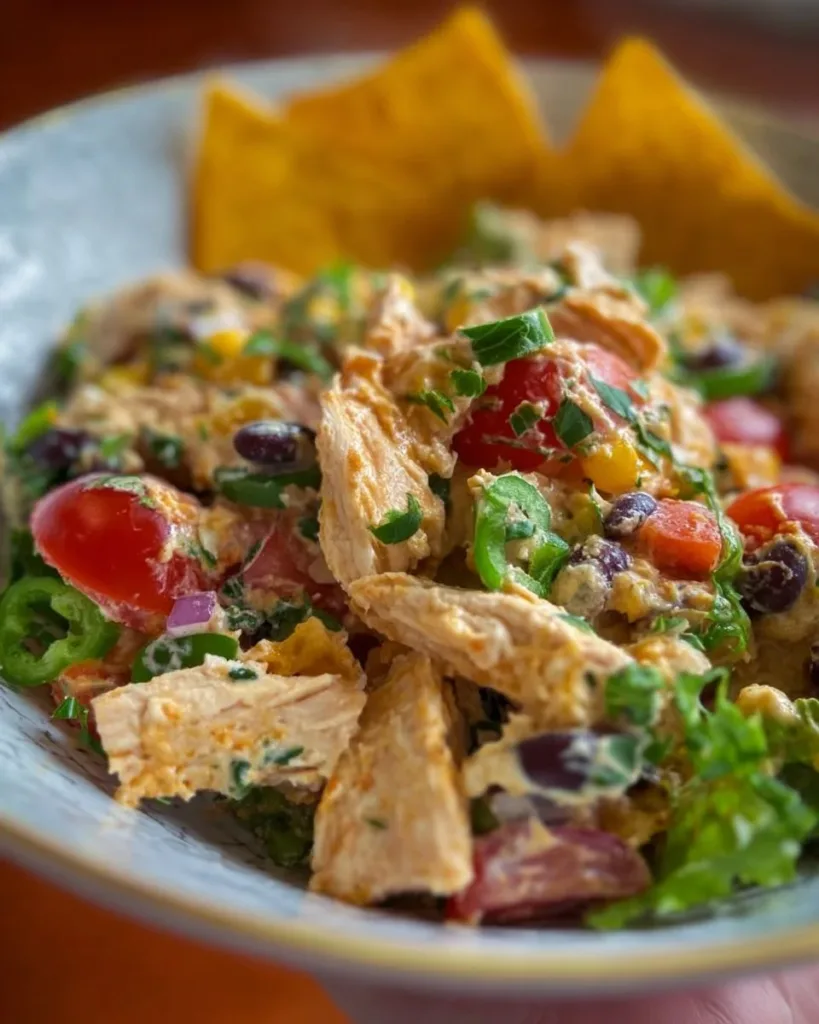 Colorful Southwestern chicken salad with grilled chicken, beans, and vegetables